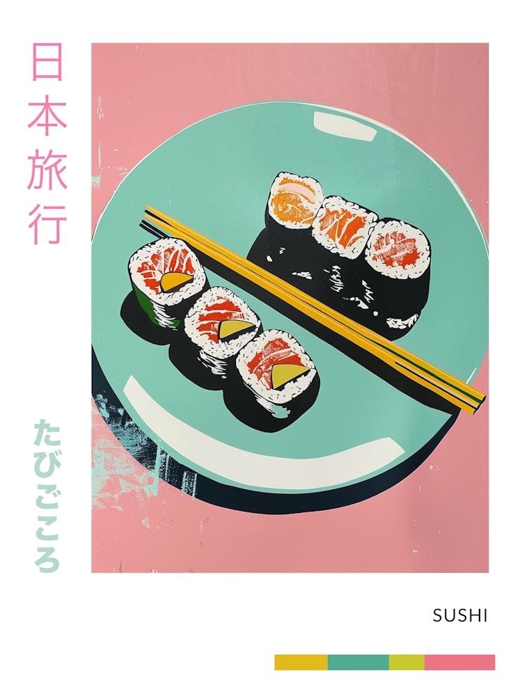 Sushi Blue & Pink Pastel Silk Screen Style Poster