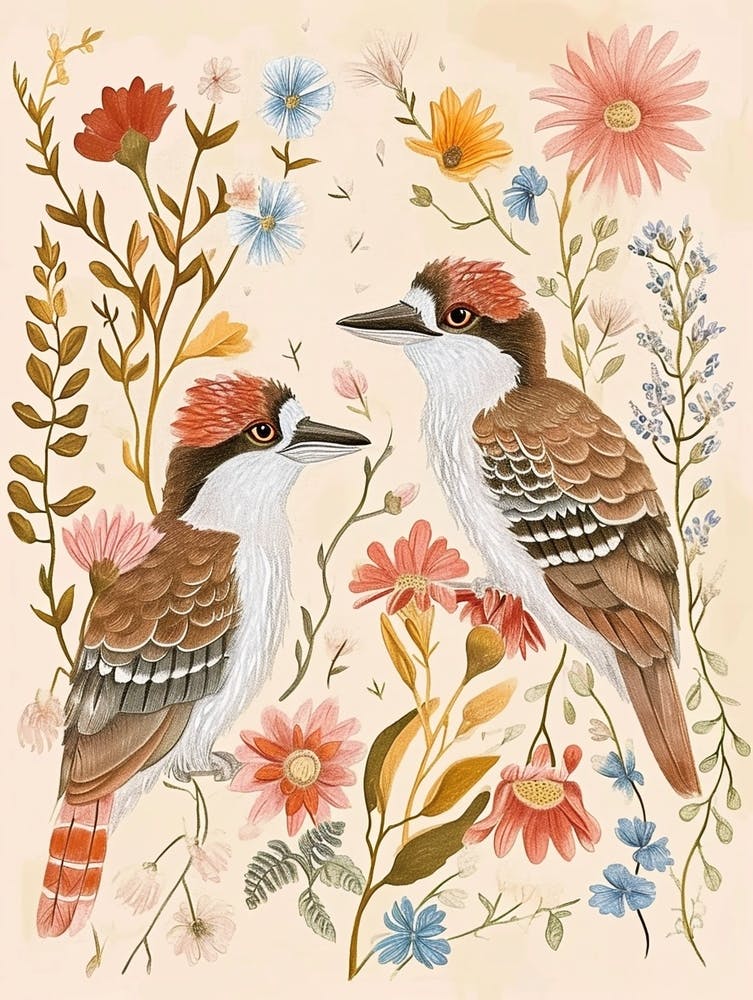 Folksy Floral Animal Drawing Kookaburra 2