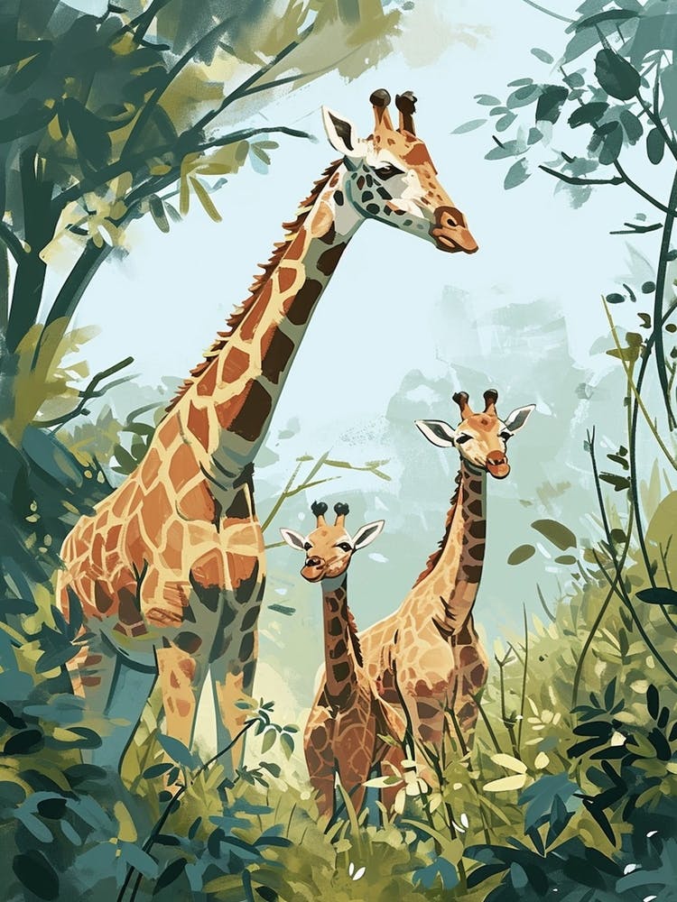 Herd Of Giraffes Resting Under The Tree Modern Illiustration 3