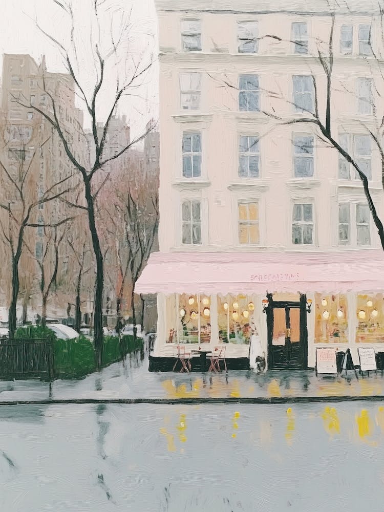 New York City Coffee Shop Pink Street Painting Watercolour Travel Poster
