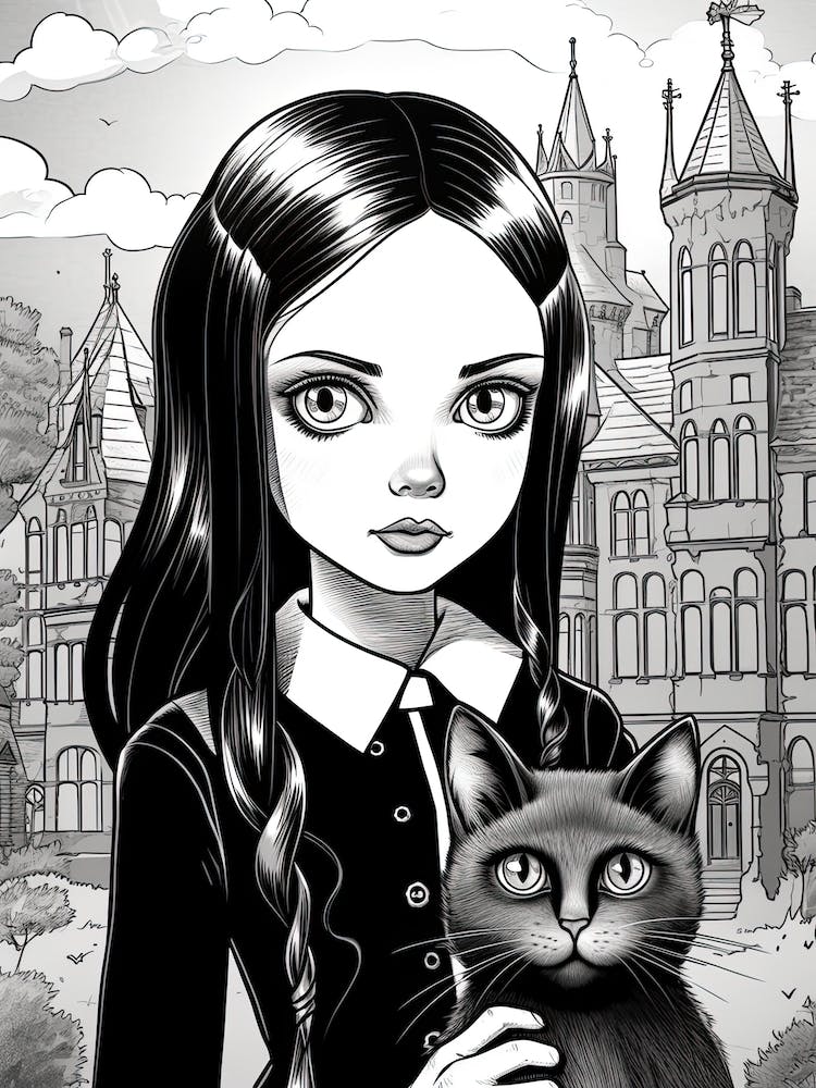Nevermore Academy With Wednesday Addams And A Cat Line Art Fan Art