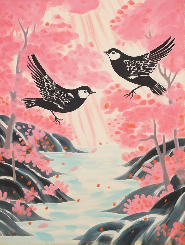 Vintage Japanese Inspired Bird Print Cowbird 1