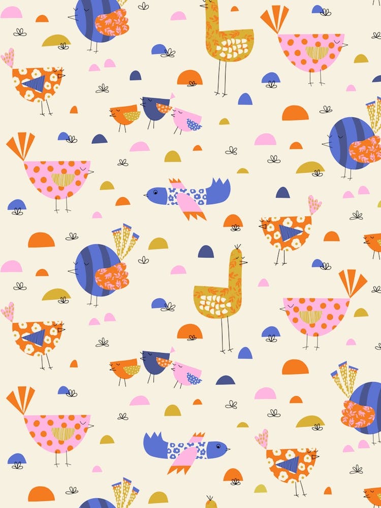 Cute Abstract Folk Art Birds in the Field Multicolor on Cream White