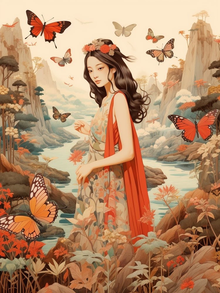 Woman In The Rocky Mountains With Butterflies Japanese Style Painting