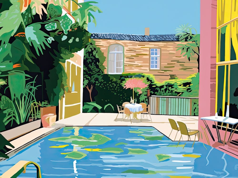 Summer London Patio, Outdoors With Pool, Hockney Style