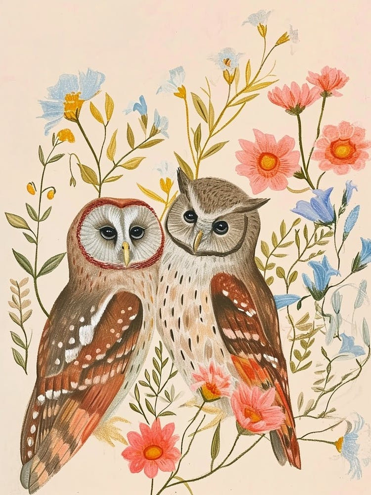 Folksy Floral Animal Drawing Owl 3