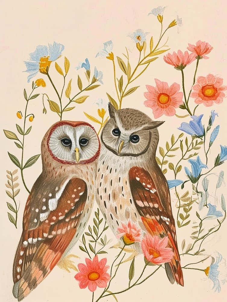 Folksy Floral Animal Drawing Owl 3