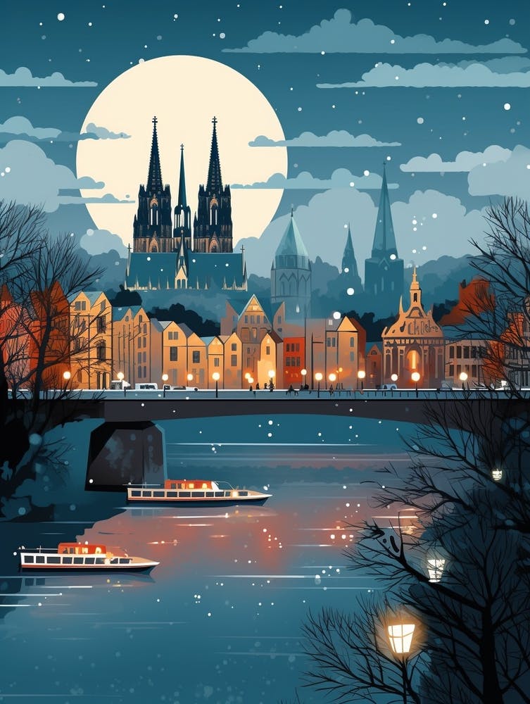 Winter Travel Night Illustration Cologne France