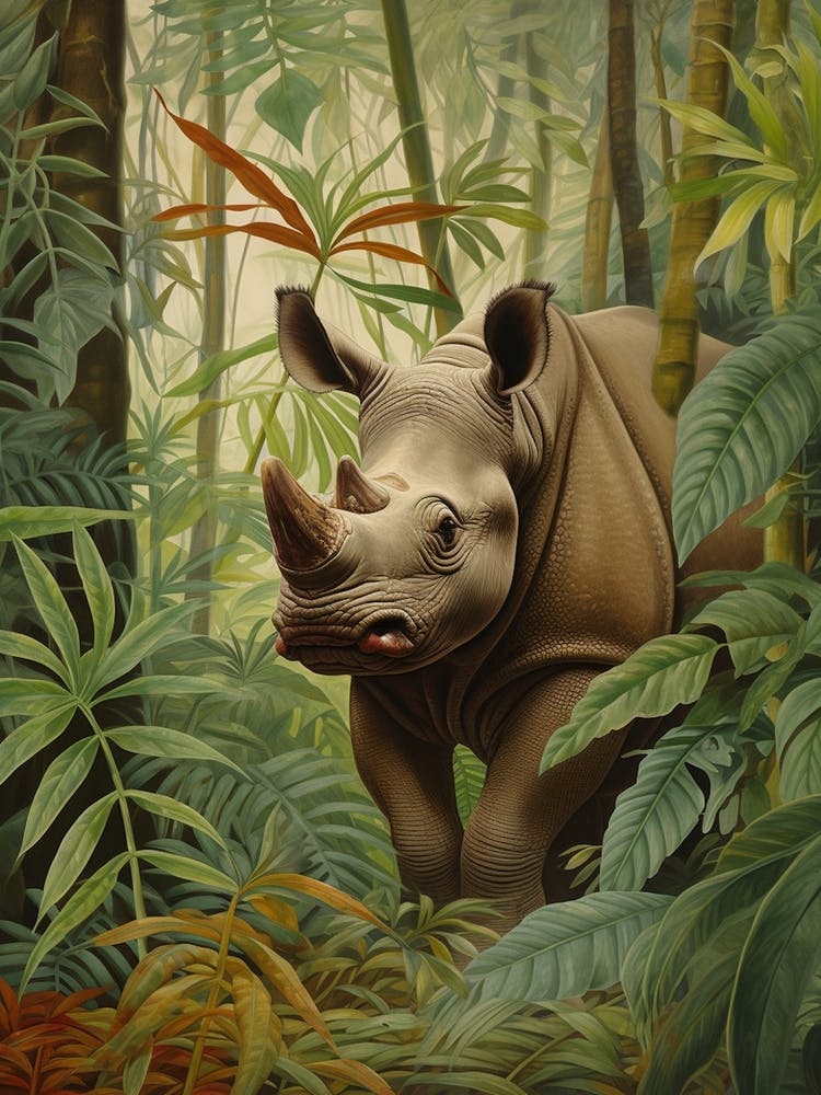 Deep In The Leaves Rhino Realistic Illustration 1