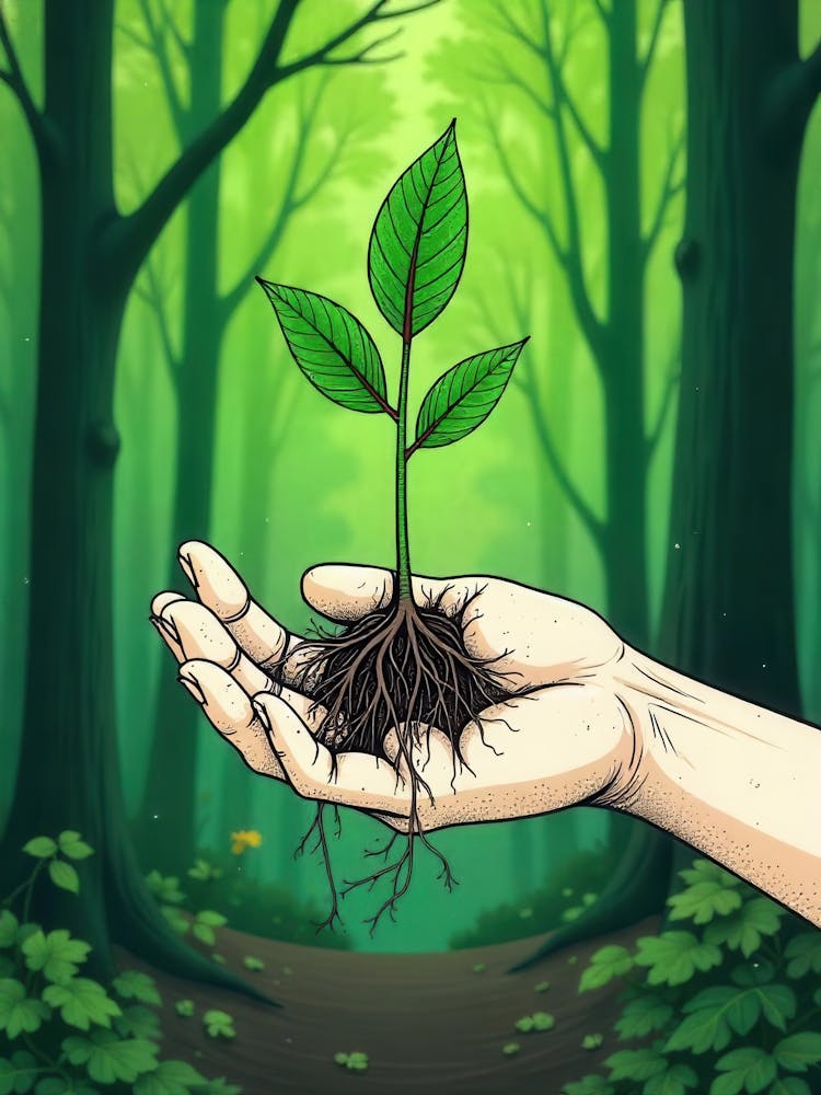 Hand Holding A Tree In The Forest