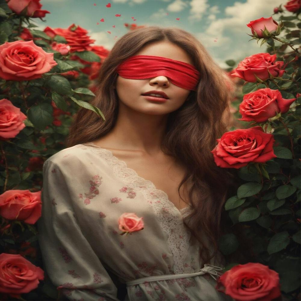 Blindfolded Woman In Red Roses