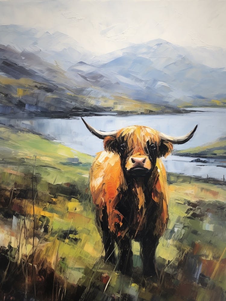 Brushstrokes Of Highland Cow By The Loch