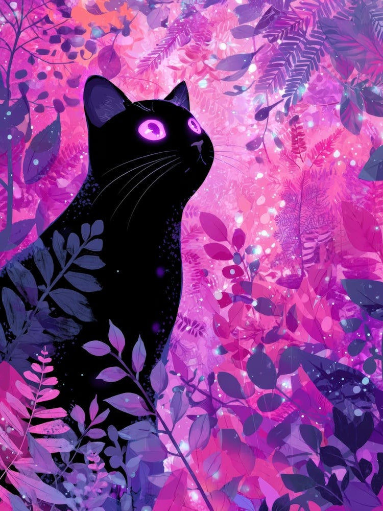 Black Cat In Purple Forest