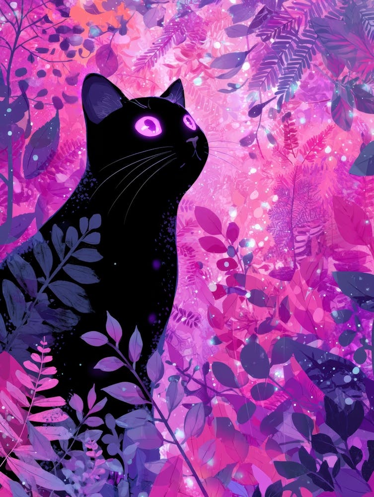 Black Cat In Purple Forest
