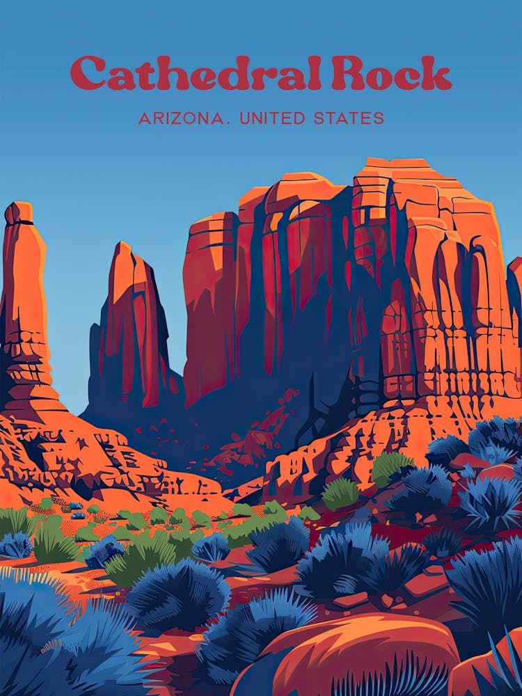 Cathedral Rock Arizona Colorful Art Illustration