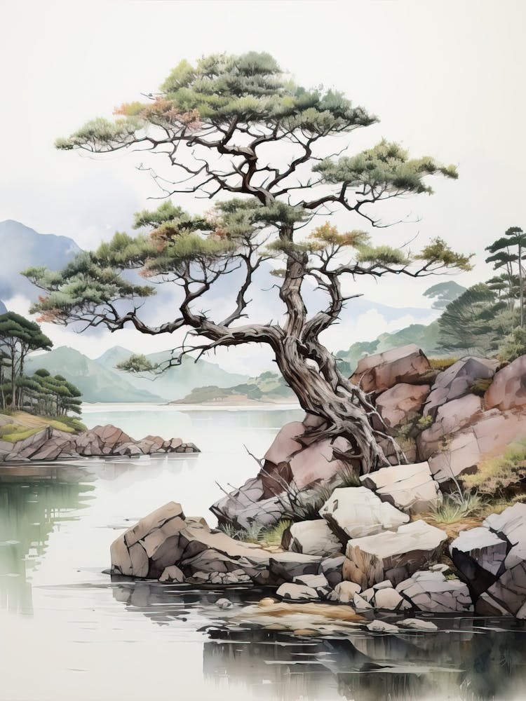 Yufuin In Oita,  Japanese Brush Painting, Sumi E, Minimal  4