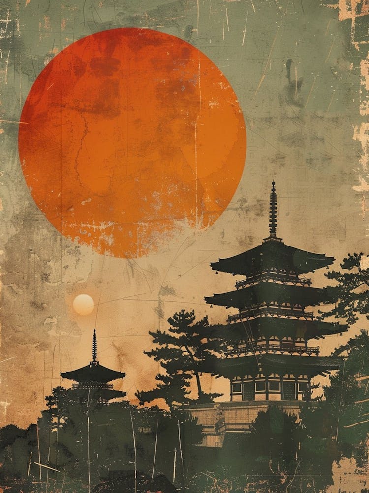 Two Japanese Castles In The Golden Sunset Mid Century Modern