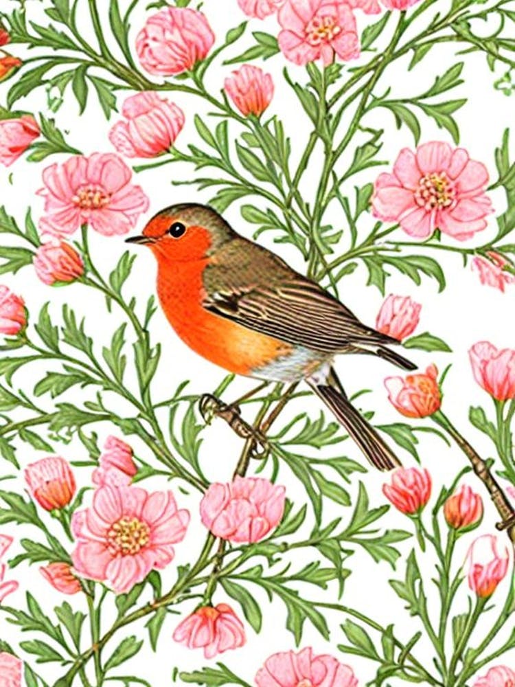 Rotkehlchen 3 Vogel im William Morris Stil