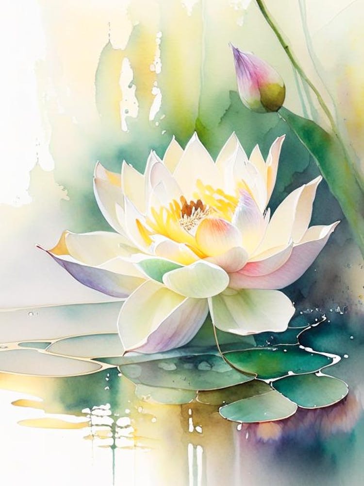 Blooming Lotus Flower In Pond Storybook Watercolour 3