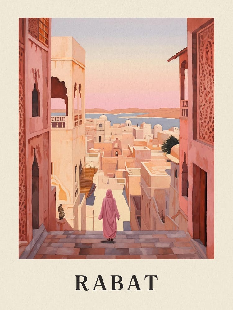 Rabat Morocco 2 Vintage Pink Travel Illustration Poster