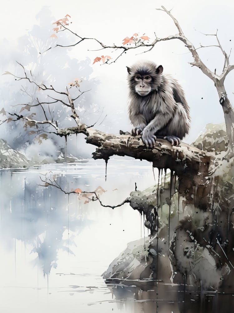 Jigokudani Monkey Park In Nagano, Japanese Brush Painting, Ukiyo E, Minimal 1