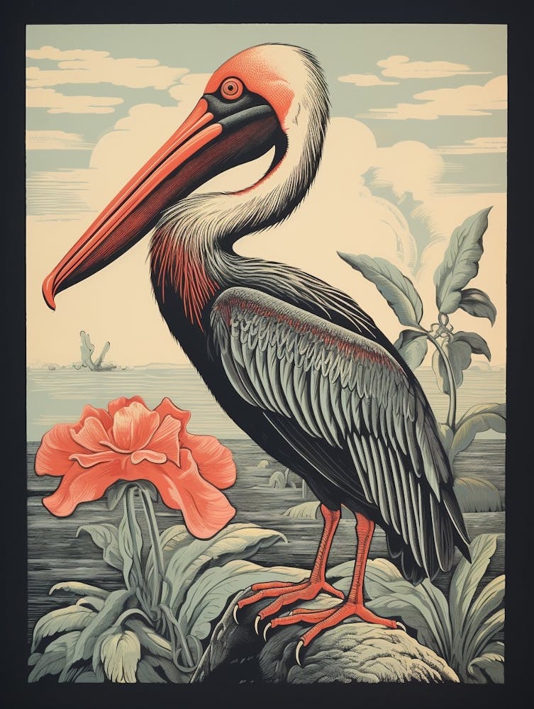 Linogravure d'Oiseau Vintage - Pélican 2