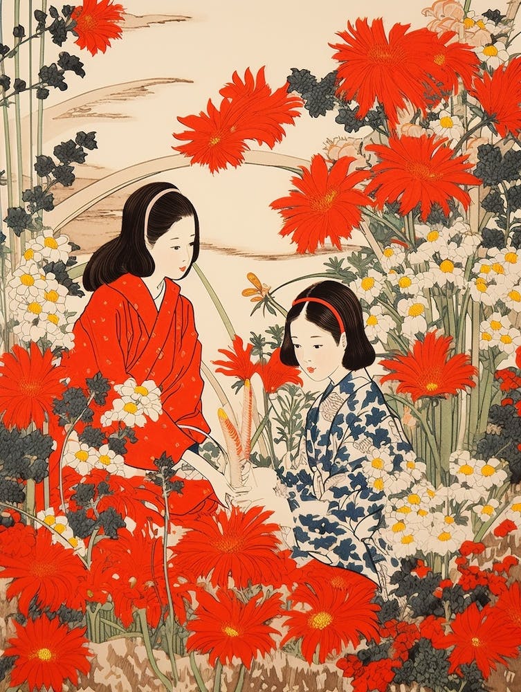 Hanagasa Japanese Florist Daisy 1 Vintage Botanical Woodblock