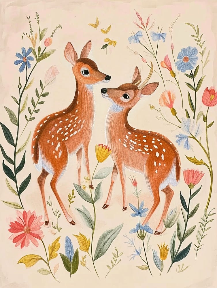 Folksy Floral Animal Drawing Deer