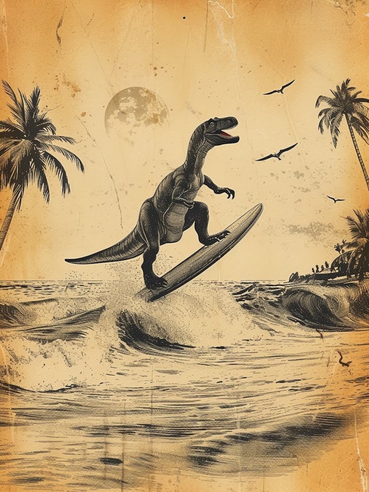 Vintage Giganotosaurus Dinosaur On A Surf Board 1