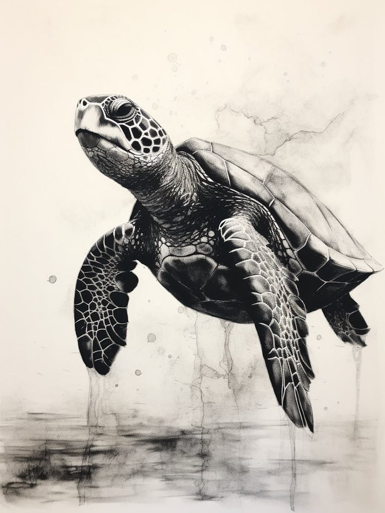 Black Watercolour Drawing Of A Sea Turtle