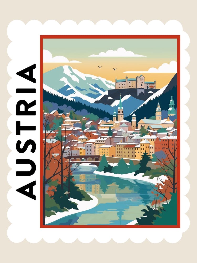 Retro Winter Stamp Poster Salzburg Austria 3