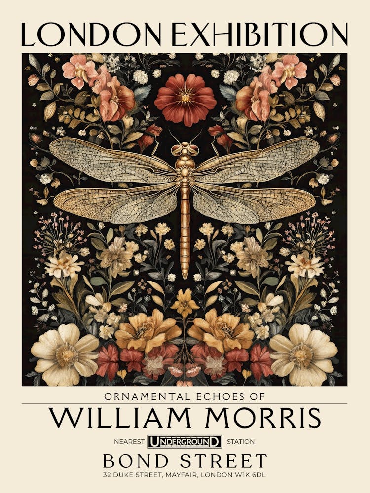 William Morris Dragonfly and floral artwork in Warm earth tones, insect and flower pattern dark academia library Botanical vintage print, living room vintage decor Floral tapestry Victorian nature art 35