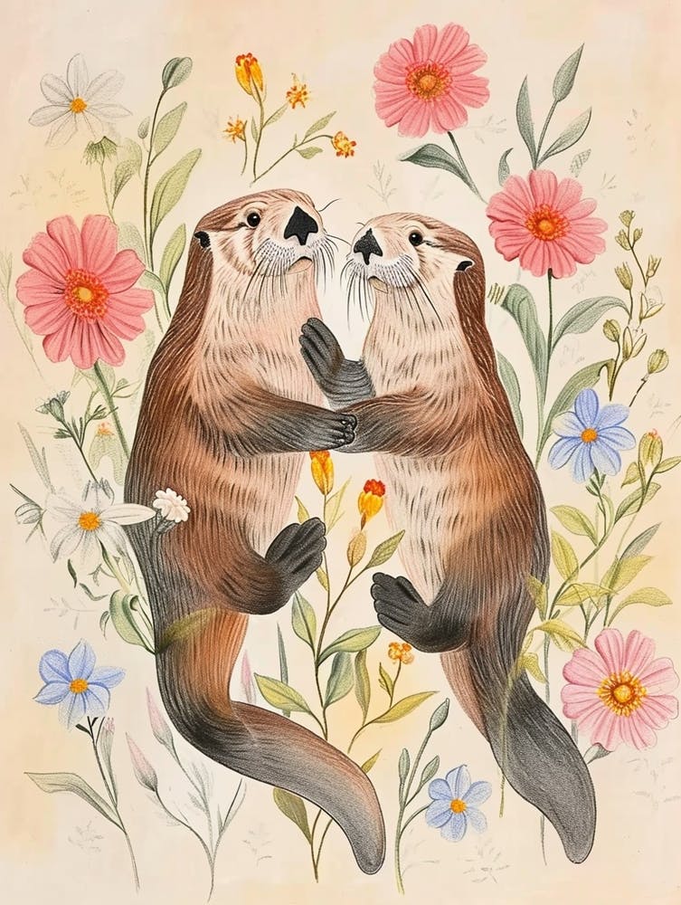 Folksy Floral Animal Drawing Otter 4
