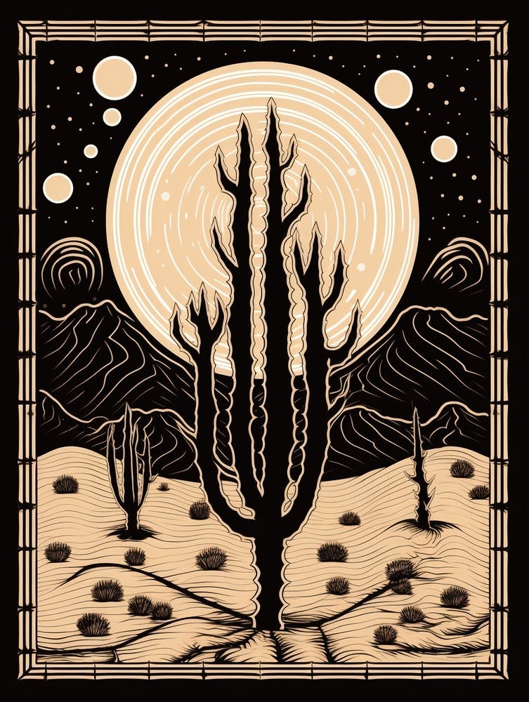 B&W Cactus Illustration Moon Cactus 1