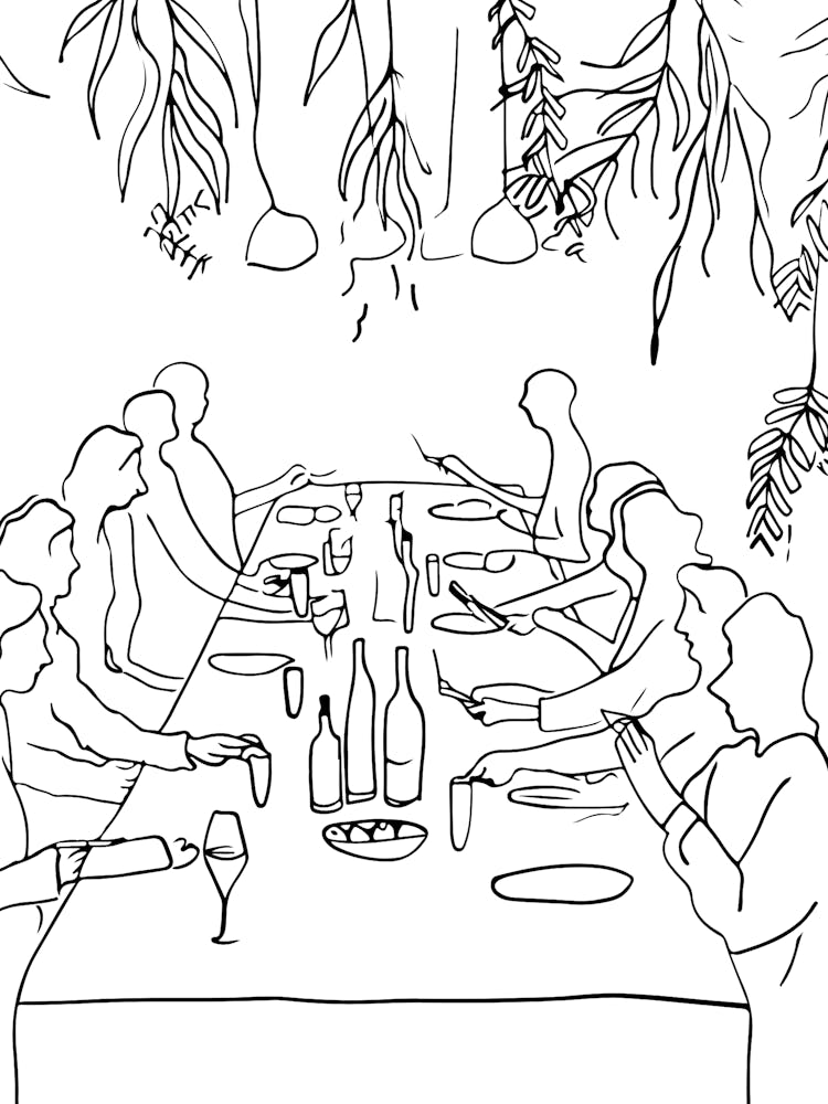 Dinner Party Summer Family Minimalist Line Art Monoline Illustration