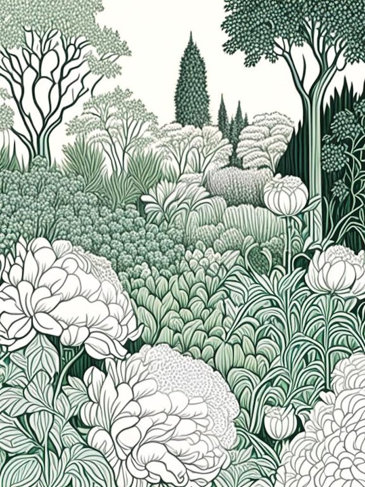 Parks And Public Gardens With Peonies 1 Drawing