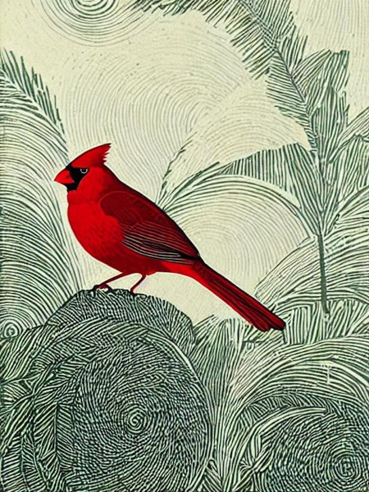 Northern Cardinal Linocut Bird