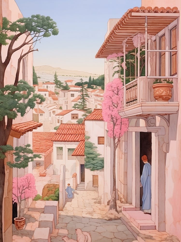 Paphos Cyprus 3 Vintage Pink Travel Illustration