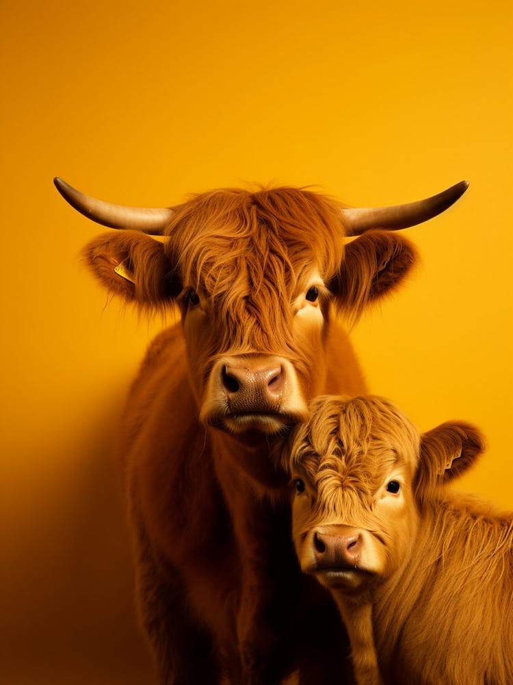 Yellow Photographic Portrait Of Highland Cow And Calf 2