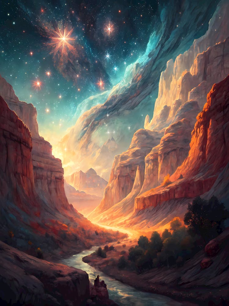 Surreal Glowing Canyon Landscape Oil Painting