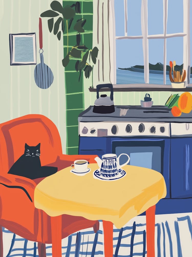 Cat Having a Tea Colorful Whimsical Print