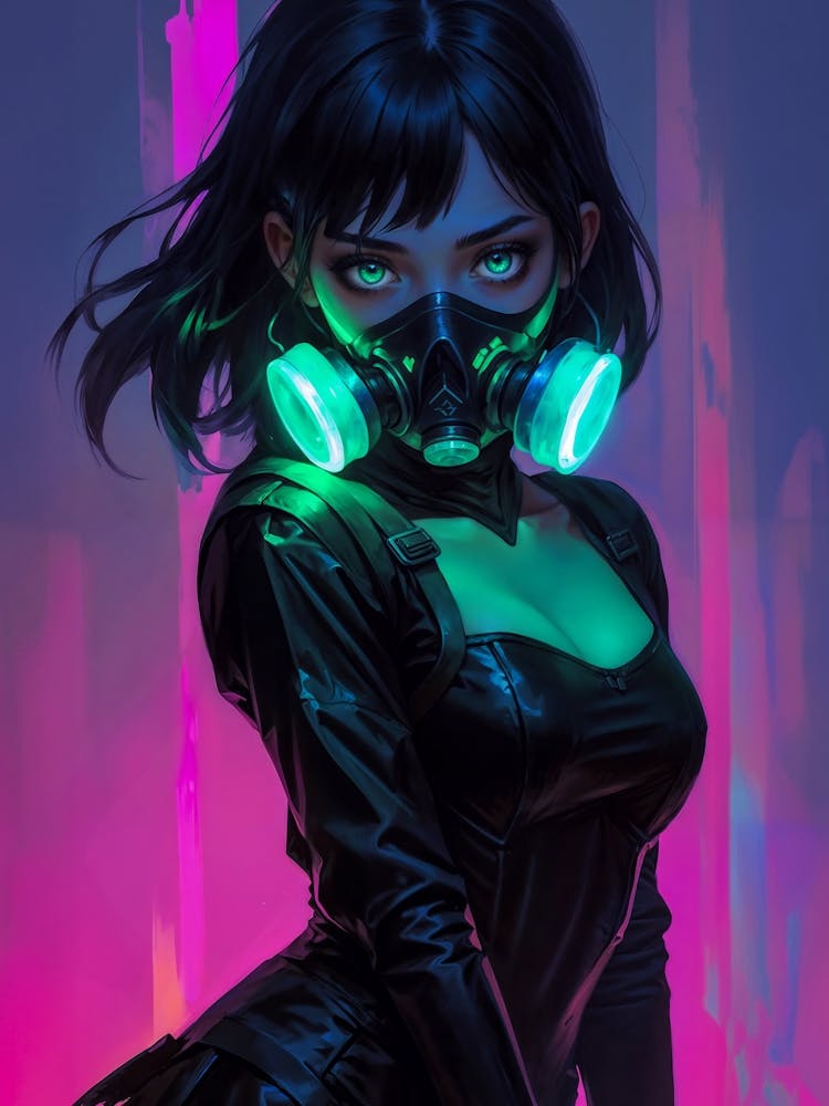 Sexy anime girl with green neon mask, big eyes, and sexy boobs. An erotic, cute waifu from manga and hentai, a beautiful cyberpunk fantasy.