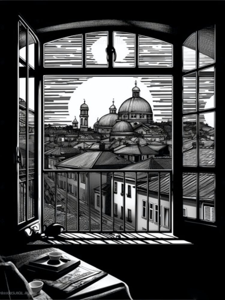Ein Fensterblick auf Berlin im Stil der Schwarz-Weiß-Strichzeichnung 4