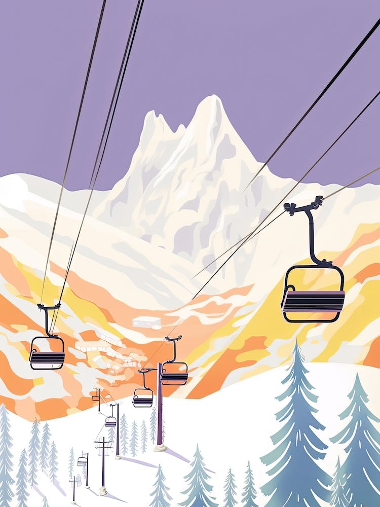Chamonix Mont Blanc   France, Ski Resort Pastel Colours Illustration 2