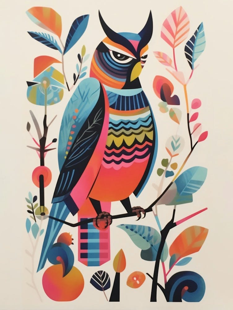 Colourful Scandi Bird Great Horned Owl 3
