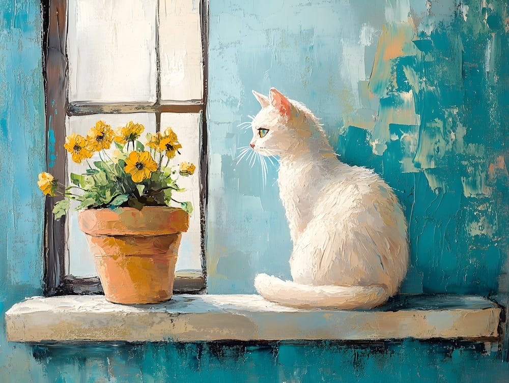 Cat In Window With Flowers 17