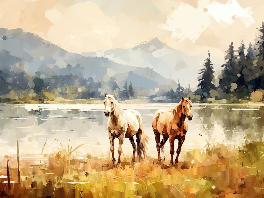 Horses Painting In Bled, Slovenia, Landscape 2