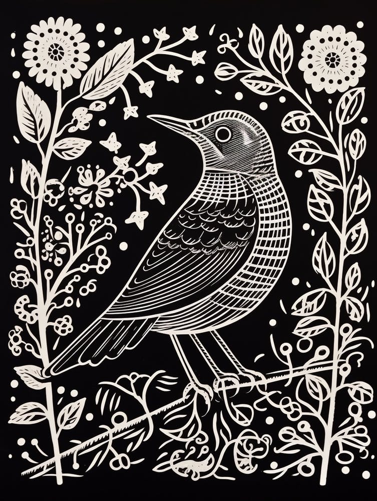 B&W Bird Linocut Cuckoo 1