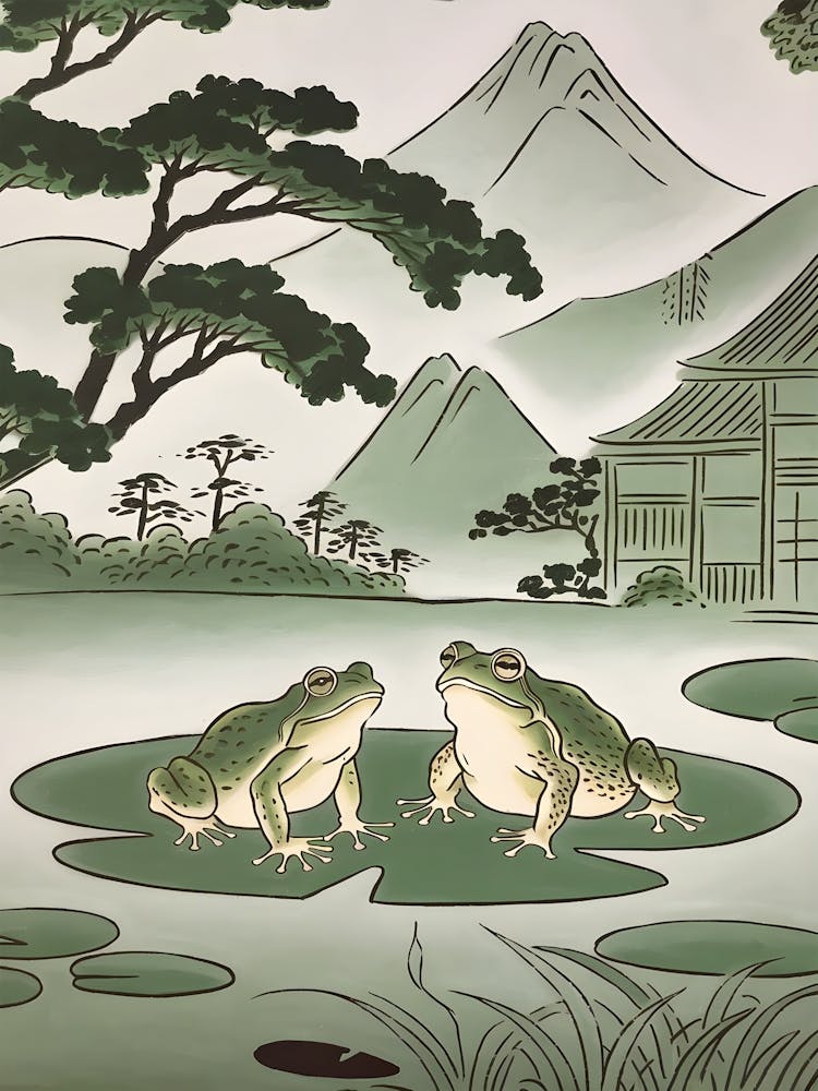 Sage Green Chinoiserie art Whimsical Frog and Toad Art