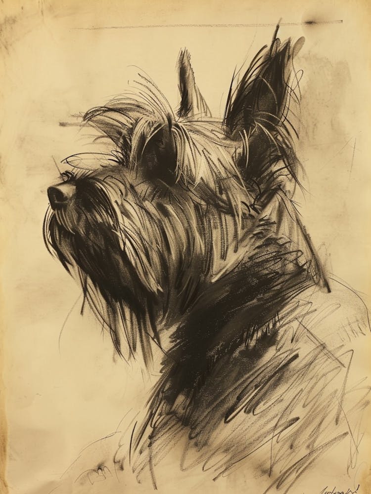 Dessin au Fusain de Chien Skye Terrier Ligne 2